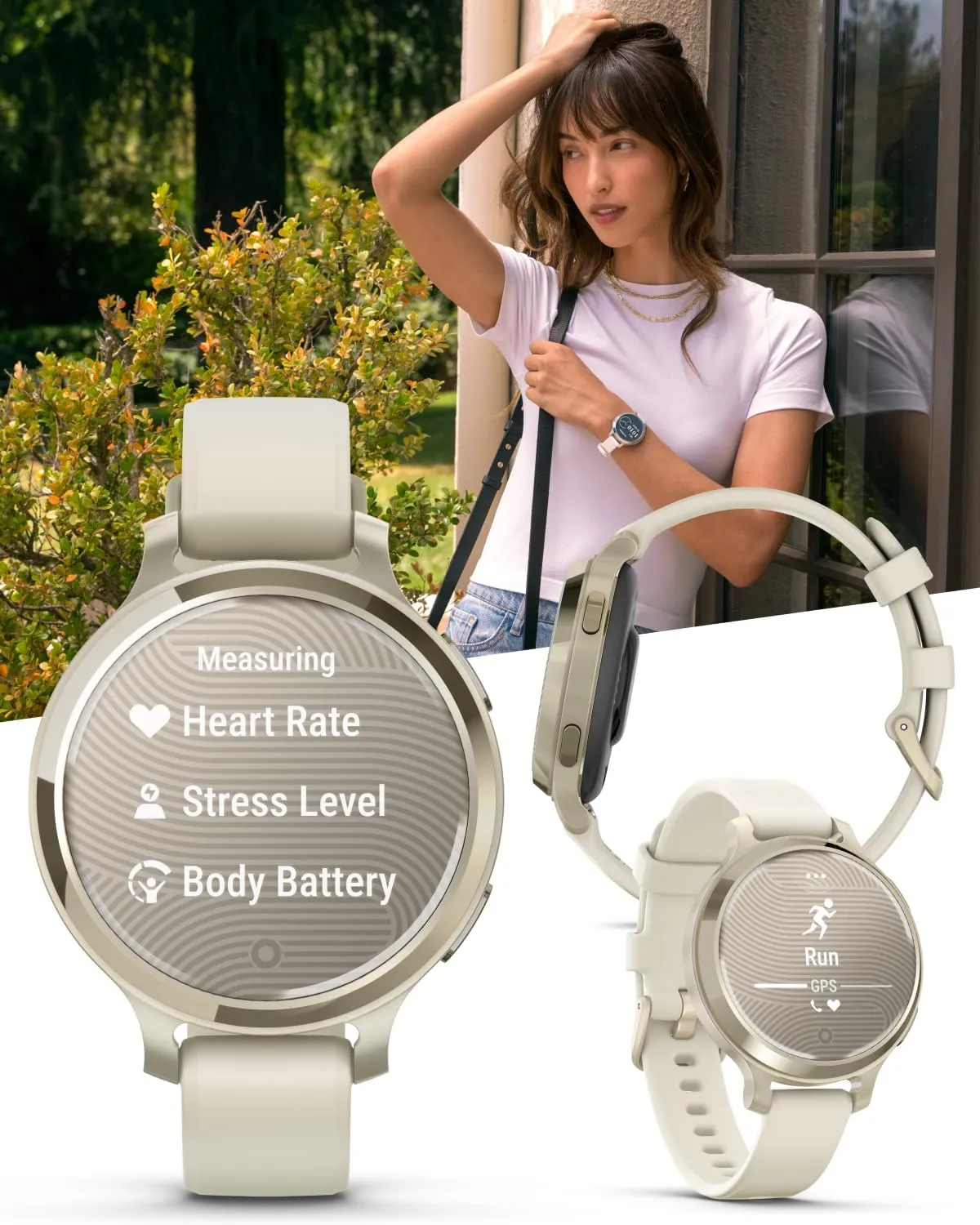 Wearable4U Garmin Lily 2 Active, Lunar Gold with Bone Silicone Band, Small and Stylish Smartwatch, Built-in GPS, Hidden Display, Patterned Lens, Up to 9 Days Battery Life Power Bank Bundle