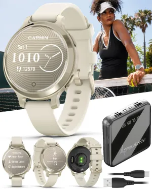 Wearable4U Garmin Lily 2 Active, Lunar Gold with Bone Silicone Band, Small and Stylish Smartwatch, Built-in GPS, Hidden Display, Patterned Lens, Up to 9 Days Battery Life Power Bank Bundle