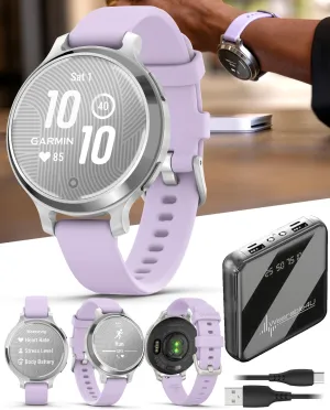 Wearable4U Garmin Lily 2 Active, Silver with Purple Jasmine Silicone Band, Small and Stylish Smartwatch, Built-in GPS, Hidden Display, Patterned Lens, Up to 9 Days Battery Life Power Bank Bundle