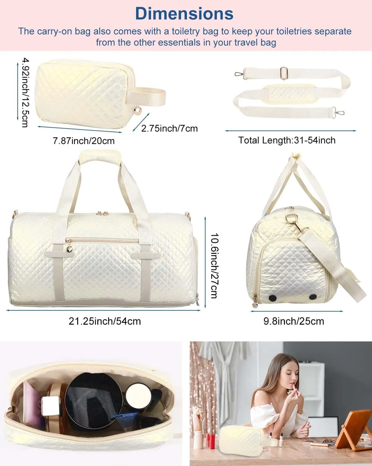 Weekend Bags for Women Travel - Duffel & Cosmetics Bag, Overnight Bag with Shoe Compartment, Gym Carry-On with Wet Pocket for Business, Sports & Hospital Trips
