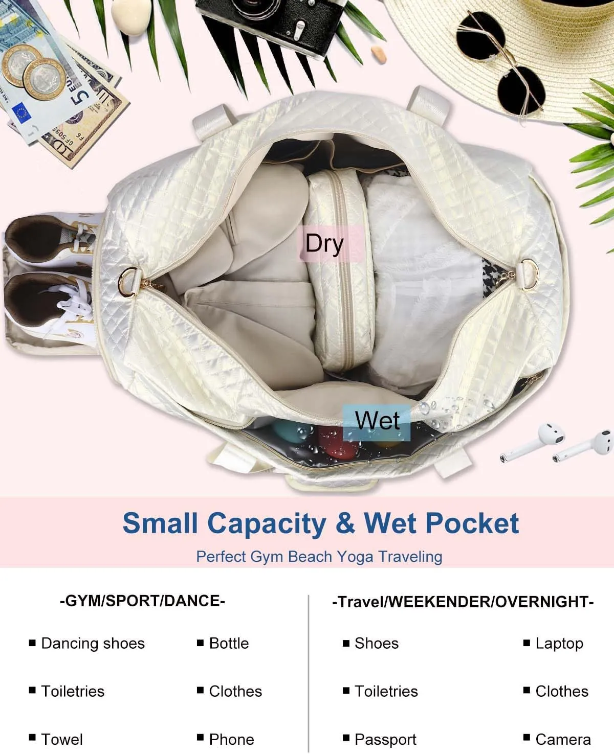 Weekend Bags for Women Travel - Duffel & Cosmetics Bag, Overnight Bag with Shoe Compartment, Gym Carry-On with Wet Pocket for Business, Sports & Hospital Trips