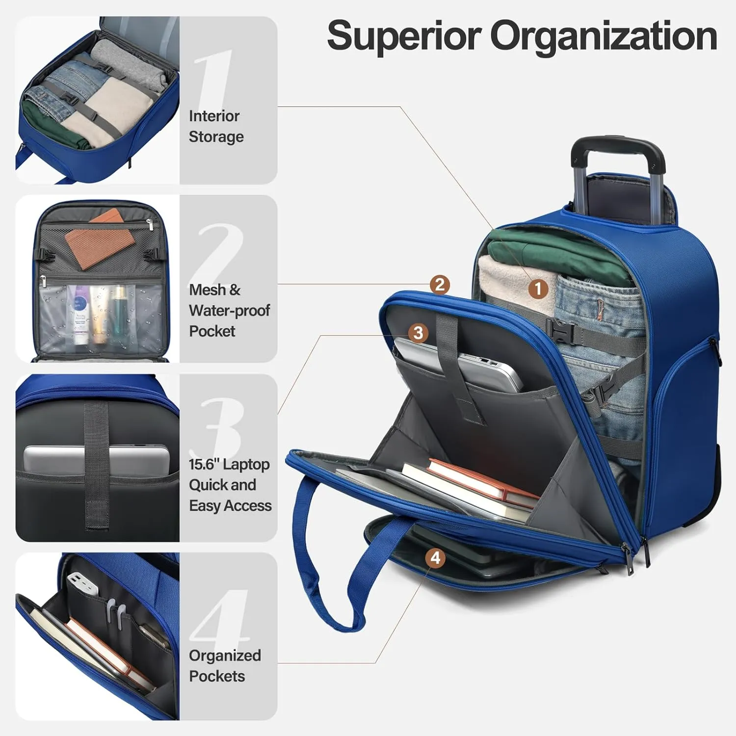 Weekender Overnight 16-Inch Underseat Carry-on Luggage With Wheels Soft Sided Lightweight Small mini Suitcase Bag with 15.6" Laptop Compartment for Women and Men,Blue