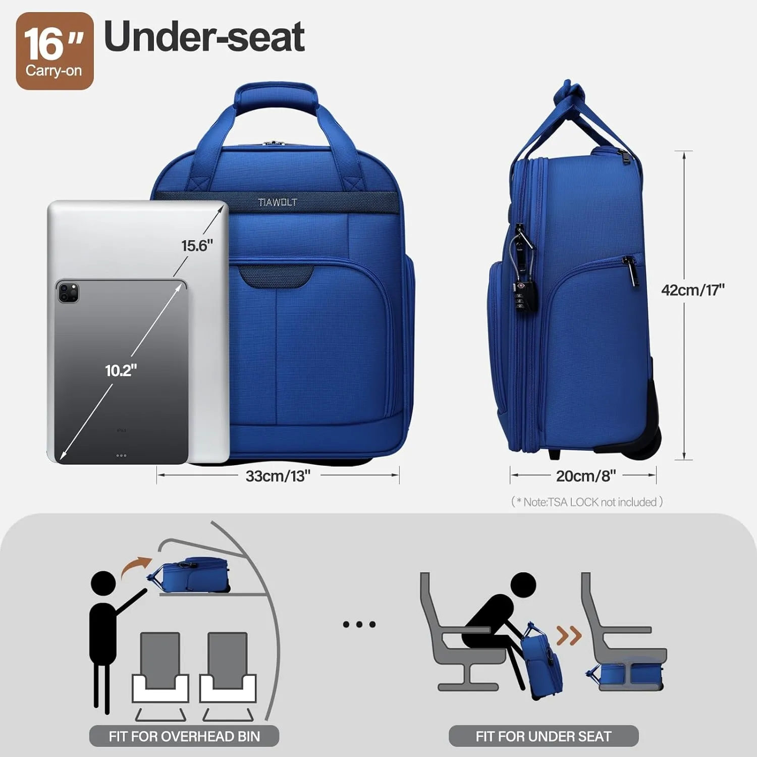 Weekender Overnight 16-Inch Underseat Carry-on Luggage With Wheels Soft Sided Lightweight Small mini Suitcase Bag with 15.6" Laptop Compartment for Women and Men,Blue