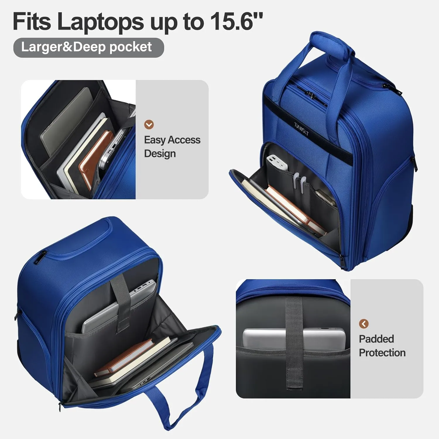 Weekender Overnight 16-Inch Underseat Carry-on Luggage With Wheels Soft Sided Lightweight Small mini Suitcase Bag with 15.6" Laptop Compartment for Women and Men,Blue