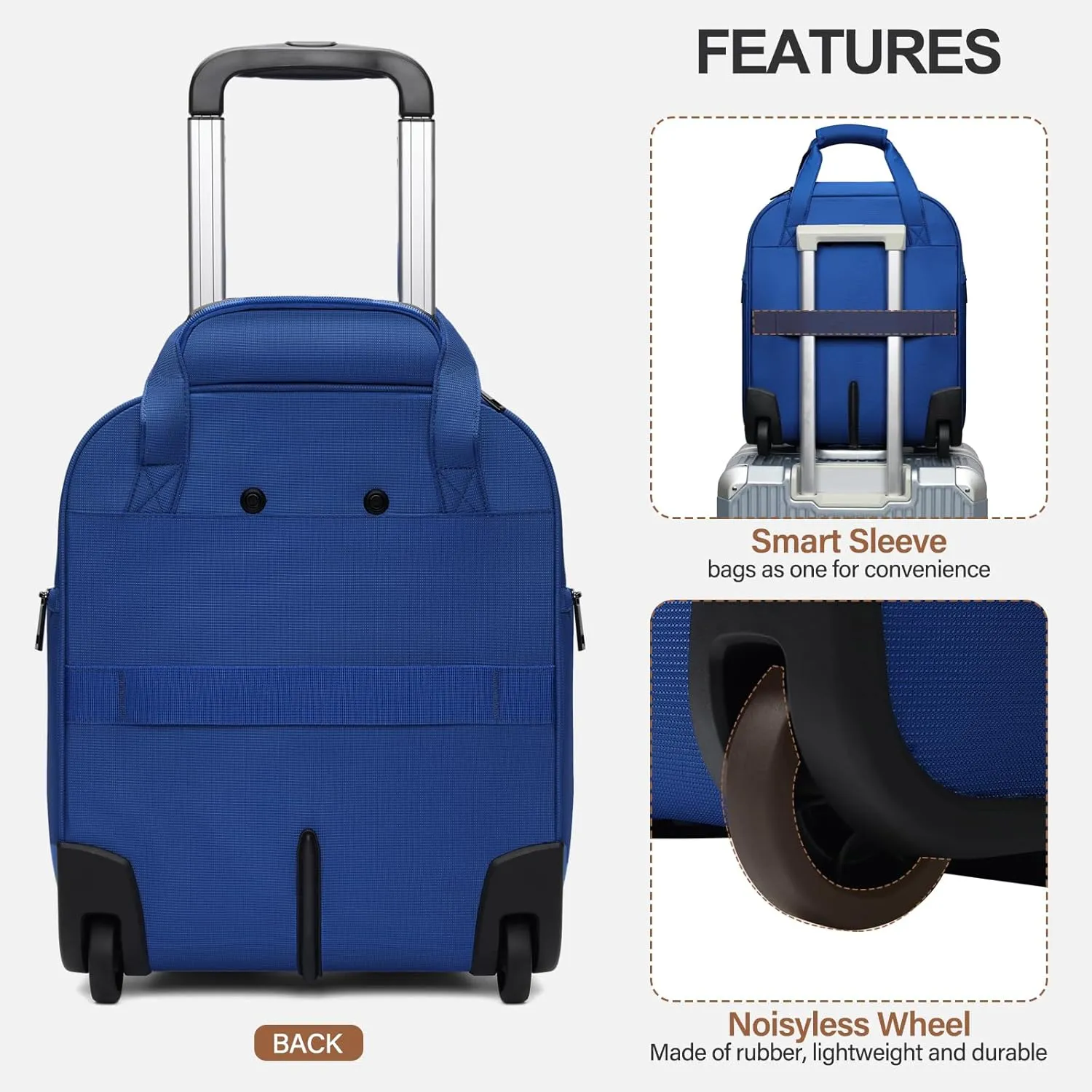 Weekender Overnight 16-Inch Underseat Carry-on Luggage With Wheels Soft Sided Lightweight Small mini Suitcase Bag with 15.6" Laptop Compartment for Women and Men,Blue