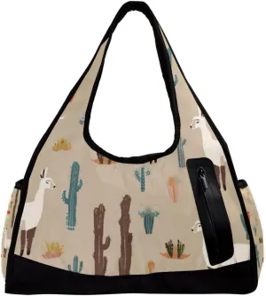 Weekender Travel Bag,Small Gym Bag,Cartoon Llamas Plant Flowers,Gym Duffle Bag