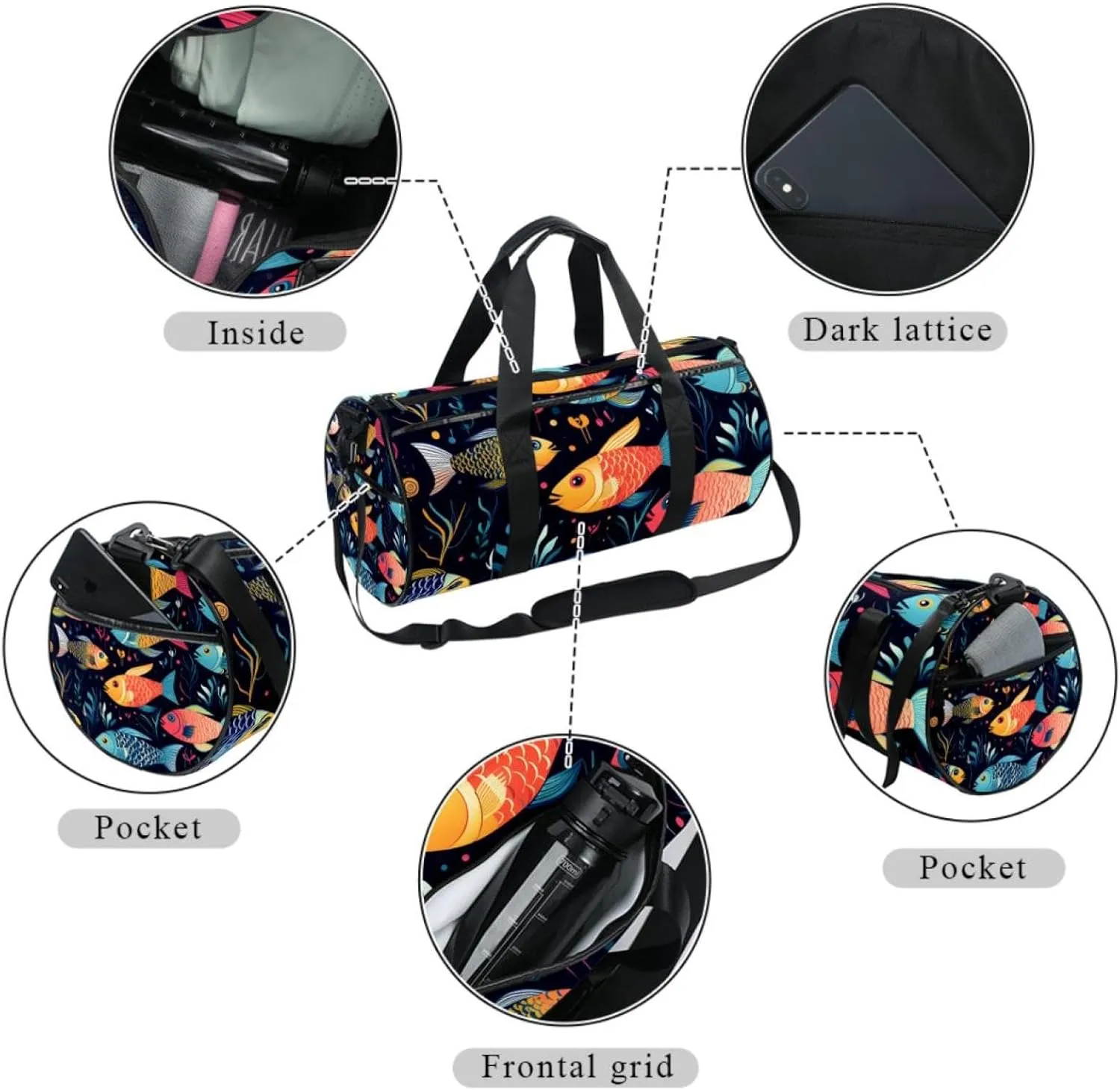 Weekender Travel Bag,Small Gym Bag,Colorful Fish Sea Floral,Gym Duffle Bag