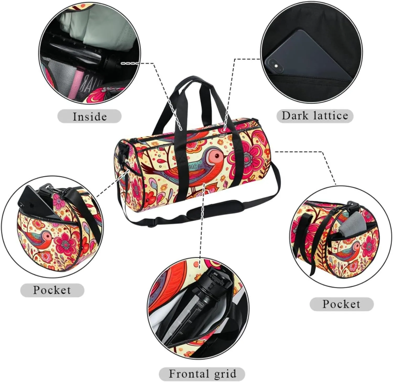 Weekender Travel Bag,Small Gym Bag,Flower Heart Bird Butterfly Spring,Gym Duffle Bag