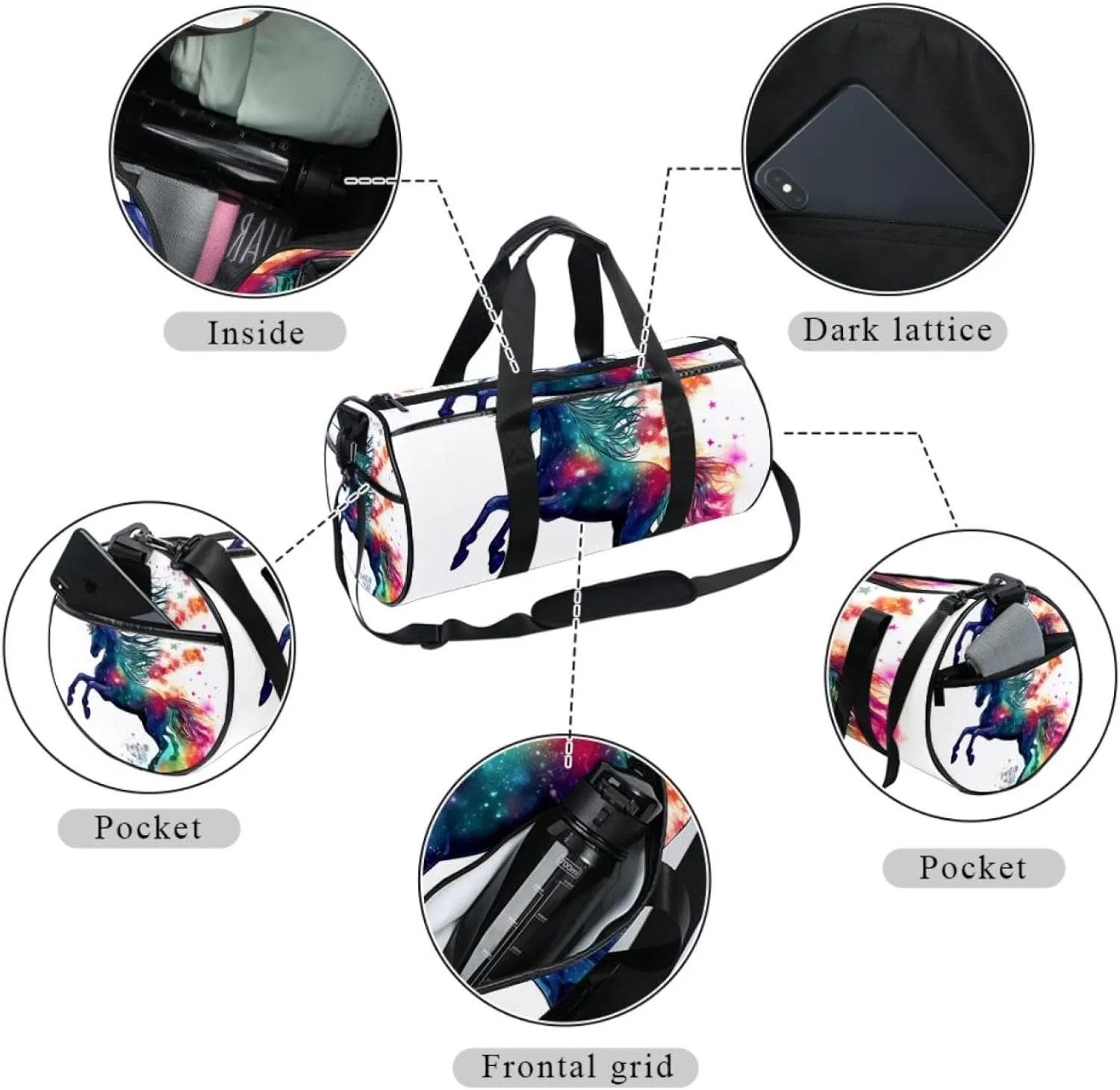 Weekender Travel Bag,Small Gym Bag,Watercolor Rainbow Animal Unicorn,Gym Duffle Bag