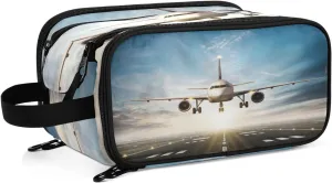 White Aircraft Take Off Runway in Daylight Sunrise Women's Portable Makeup Bag with Handle, Cosmetic Bag, Travel Cosmetic Bag Durable Toiletry Storage Organizer 11 x 7 x 5.7 inch