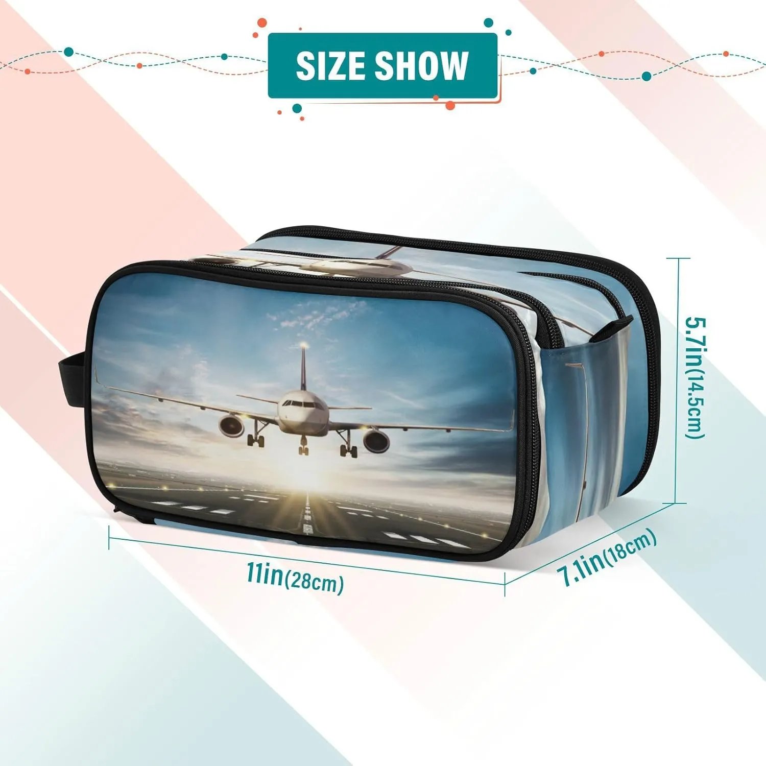 White Aircraft Take Off Runway in Daylight Sunrise Women's Portable Makeup Bag with Handle, Cosmetic Bag, Travel Cosmetic Bag Durable Toiletry Storage Organizer 11 x 7 x 5.7 inch