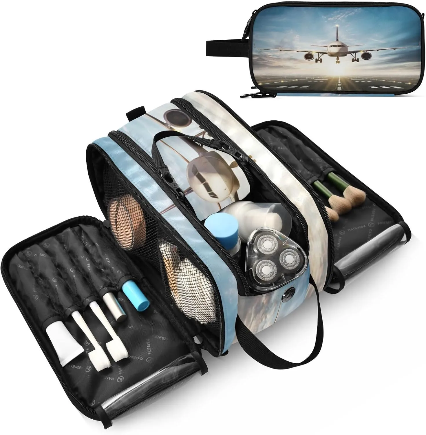White Aircraft Take Off Runway in Daylight Sunrise Women's Portable Makeup Bag with Handle, Cosmetic Bag, Travel Cosmetic Bag Durable Toiletry Storage Organizer 11 x 7 x 5.7 inch