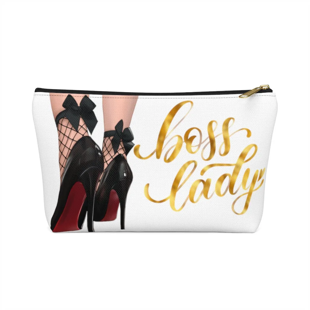 White & Gold Boss Lady  Makeup & Accessory Pouch w T-bottom