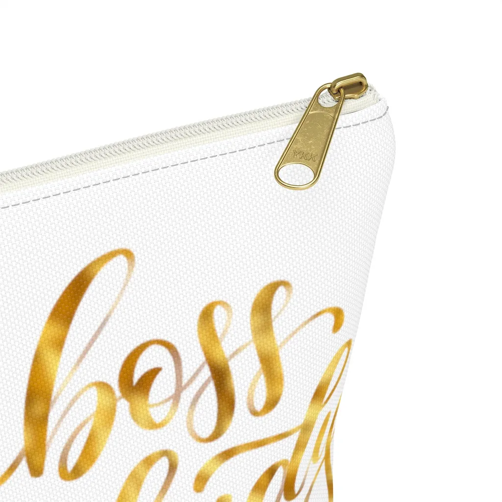 White & Gold Boss Lady  Makeup & Accessory Pouch w T-bottom