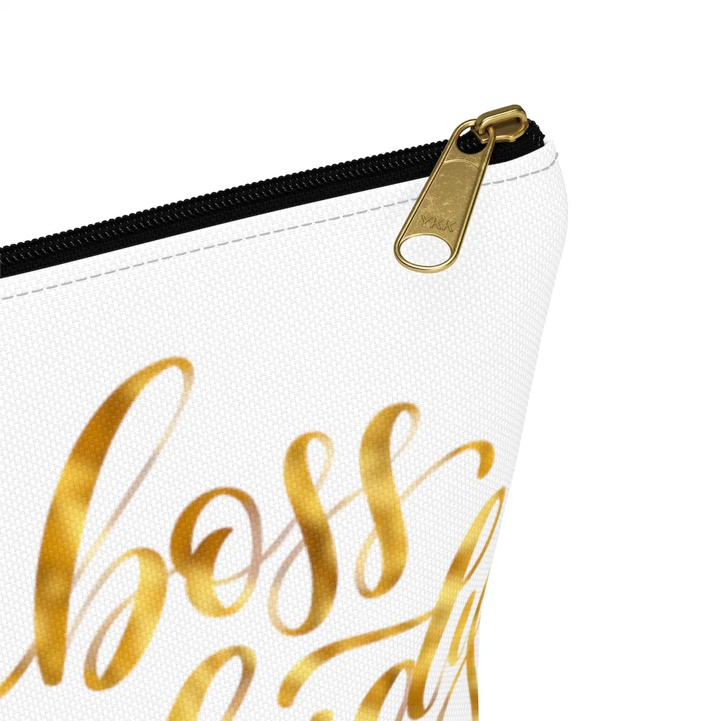 White & Gold Boss Lady  Makeup & Accessory Pouch w T-bottom