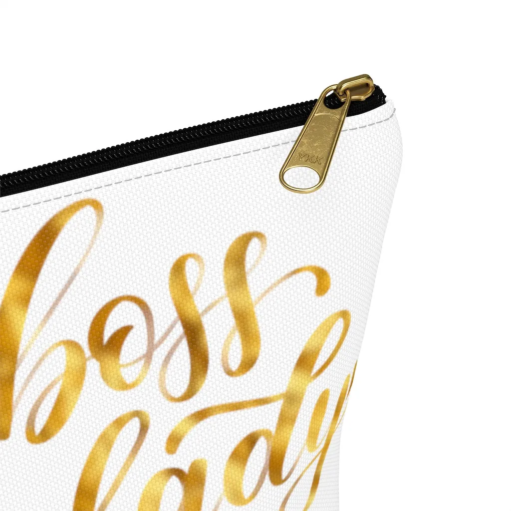 White & Gold Boss Lady  Makeup & Accessory Pouch w T-bottom