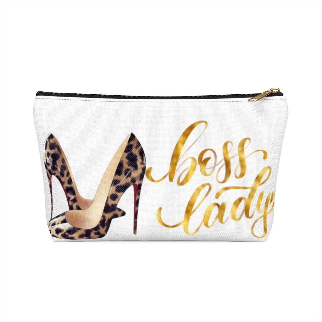 White & Gold Boss Lady  Makeup & Accessory Pouch w T-bottom