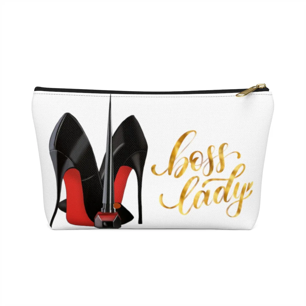 White & Gold Boss Lady  Makeup & Accessory Pouch w T-bottom