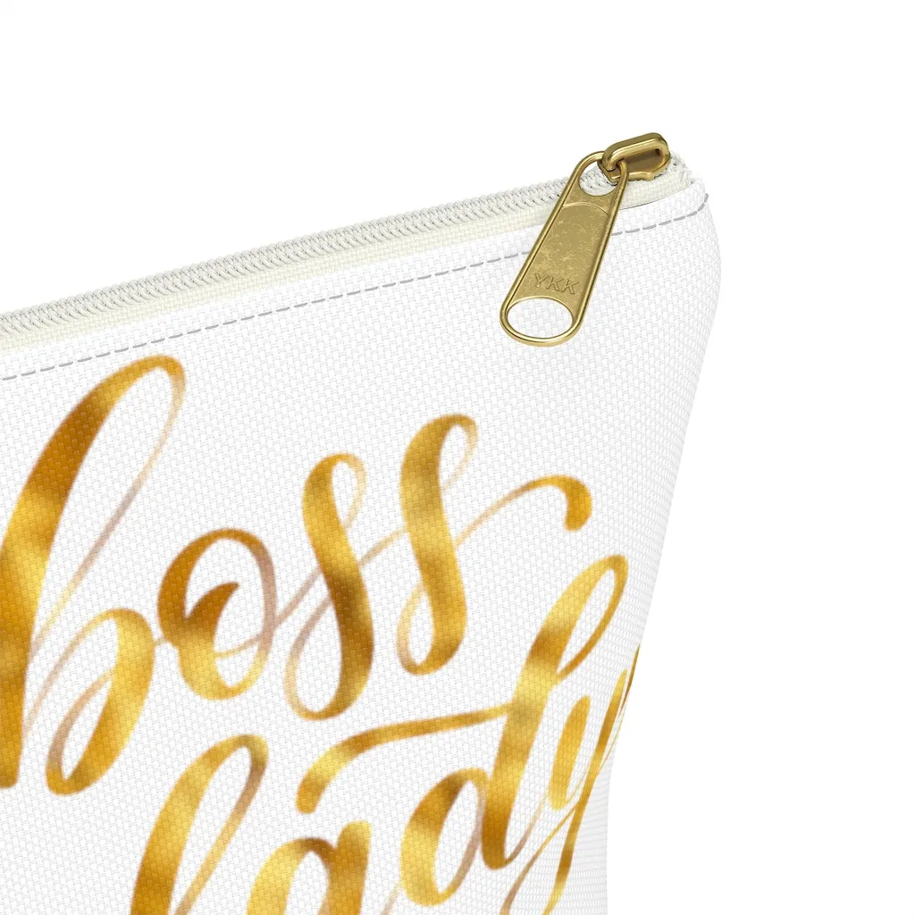 White & Gold Boss Lady  Makeup & Accessory Pouch w T-bottom