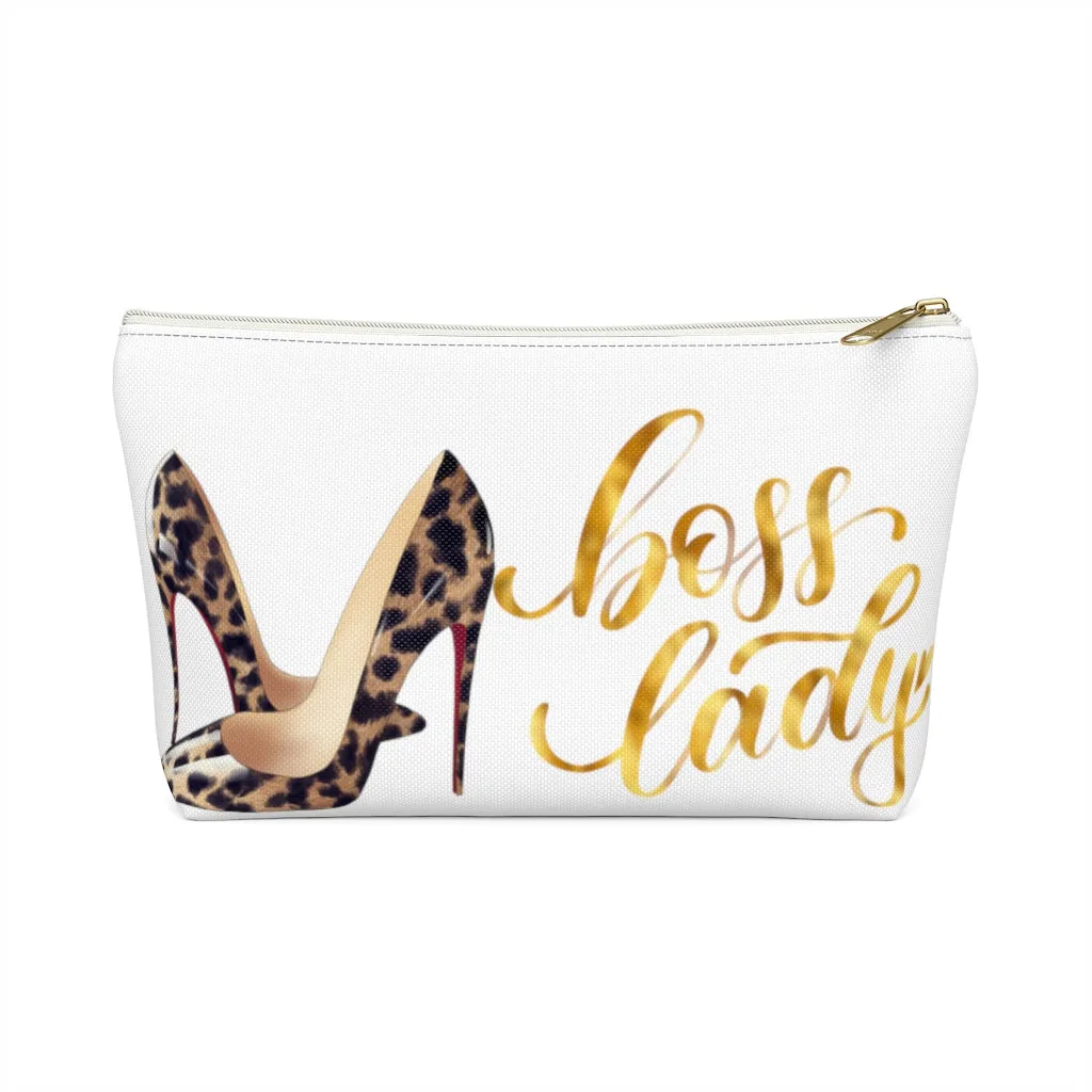 White & Gold Boss Lady  Makeup & Accessory Pouch w T-bottom