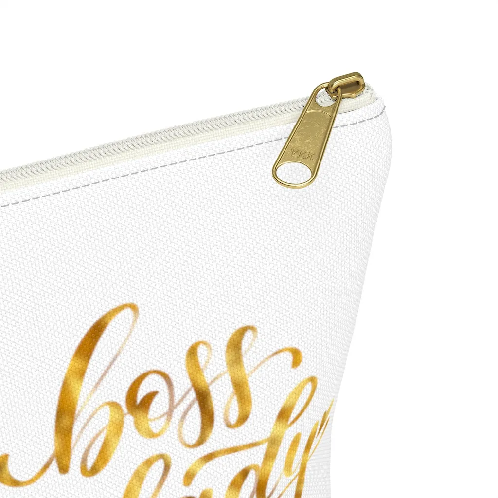 White & Gold Boss Lady  Makeup & Accessory Pouch w T-bottom