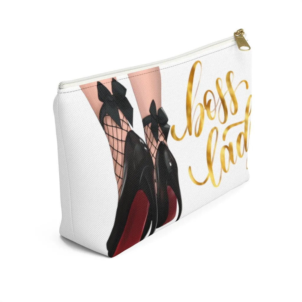 White & Gold Boss Lady  Makeup & Accessory Pouch w T-bottom