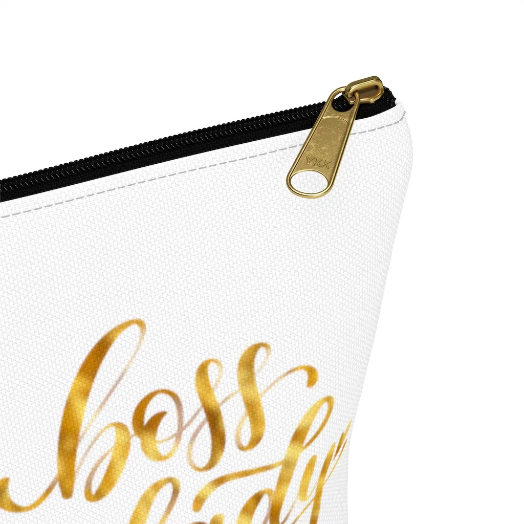 White & Gold Boss Lady  Makeup & Accessory Pouch w T-bottom