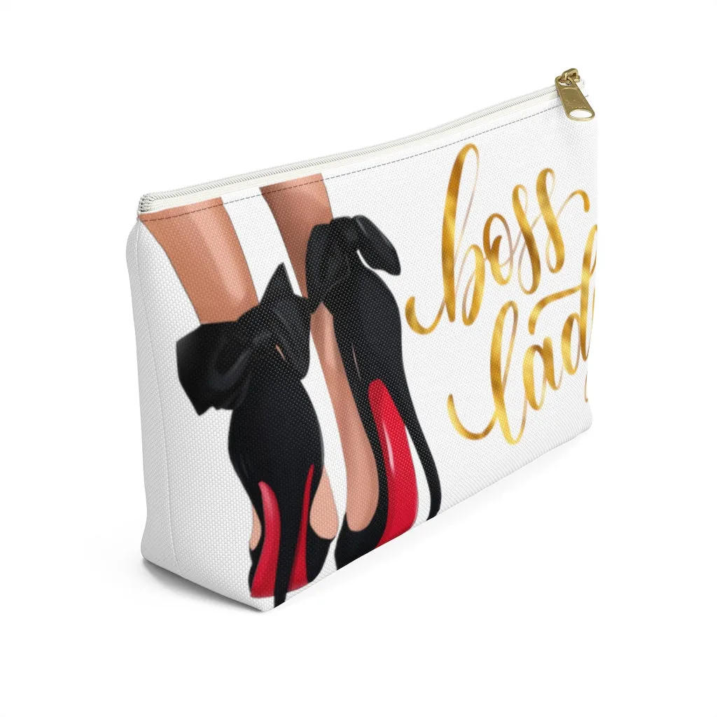 White & Gold Boss Lady  Makeup & Accessory Pouch w T-bottom