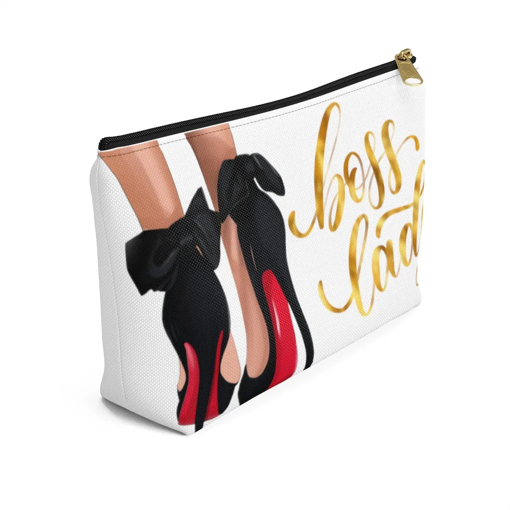 White & Gold Boss Lady  Makeup & Accessory Pouch w T-bottom