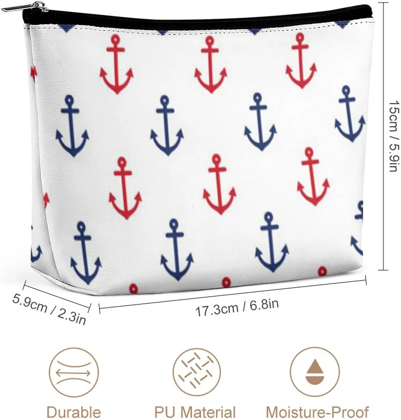 White Red Blue Nautical Anchor Pattern Cosmetic Bag, Travel Portable Makeup Bag for Purse Pouch Beauty Zipper Organizer Toiletry Bag for Women