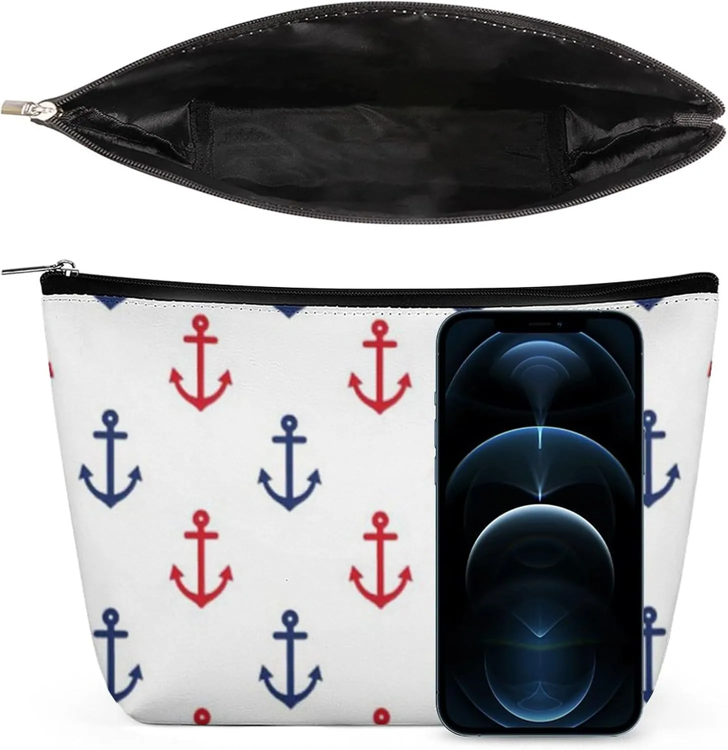 White Red Blue Nautical Anchor Pattern Cosmetic Bag, Travel Portable Makeup Bag for Purse Pouch Beauty Zipper Organizer Toiletry Bag for Women