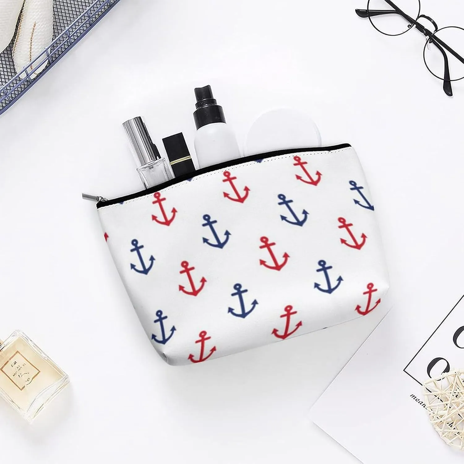White Red Blue Nautical Anchor Pattern Cosmetic Bag, Travel Portable Makeup Bag for Purse Pouch Beauty Zipper Organizer Toiletry Bag for Women