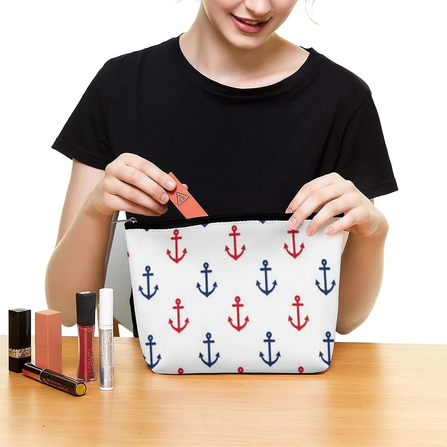 White Red Blue Nautical Anchor Pattern Cosmetic Bag, Travel Portable Makeup Bag for Purse Pouch Beauty Zipper Organizer Toiletry Bag for Women
