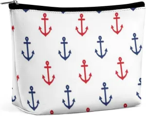 White Red Blue Nautical Anchor Pattern Cosmetic Bag, Travel Portable Makeup Bag for Purse Pouch Beauty Zipper Organizer Toiletry Bag for Women