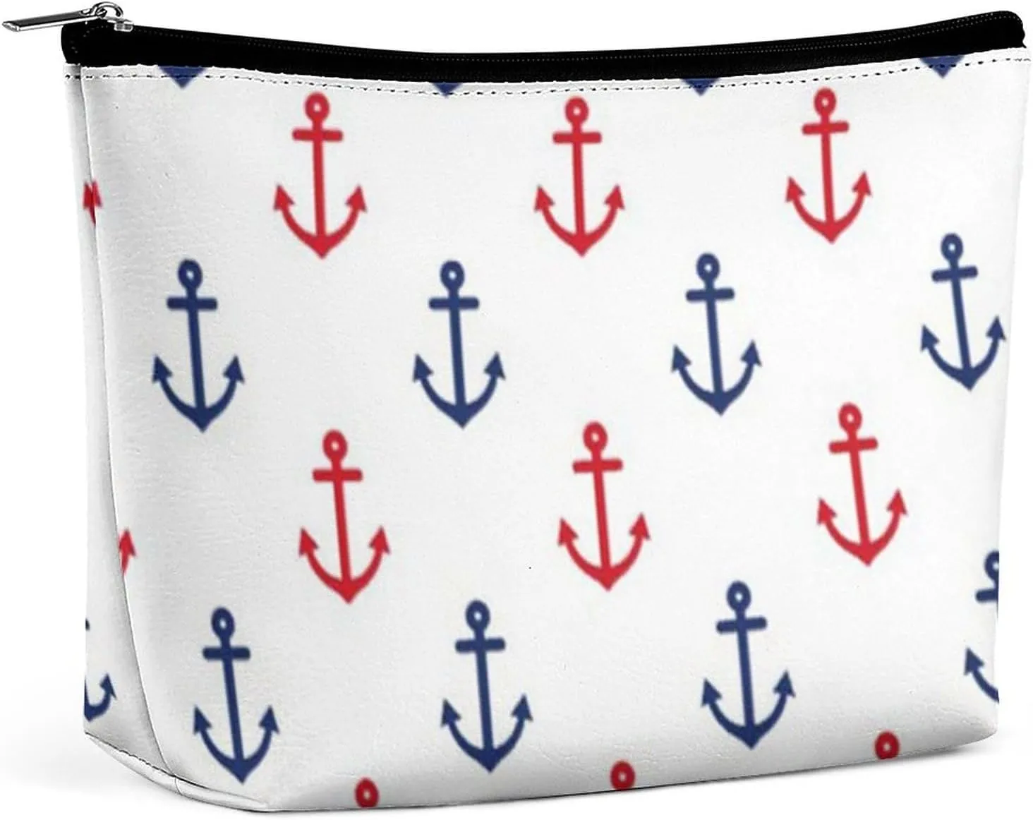 White Red Blue Nautical Anchor Pattern Cosmetic Bag, Travel Portable Makeup Bag for Purse Pouch Beauty Zipper Organizer Toiletry Bag for Women