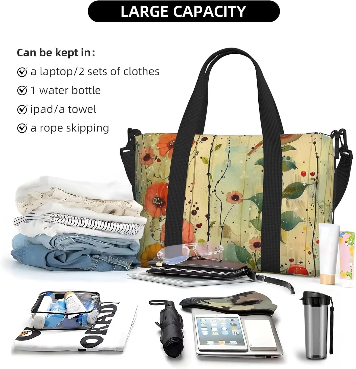 wildflowers print Travel Duffel Bag, Sports Tote Gym Bag, Swim Pool Bag Large Shoulder Tote Bag for Beach Weekender