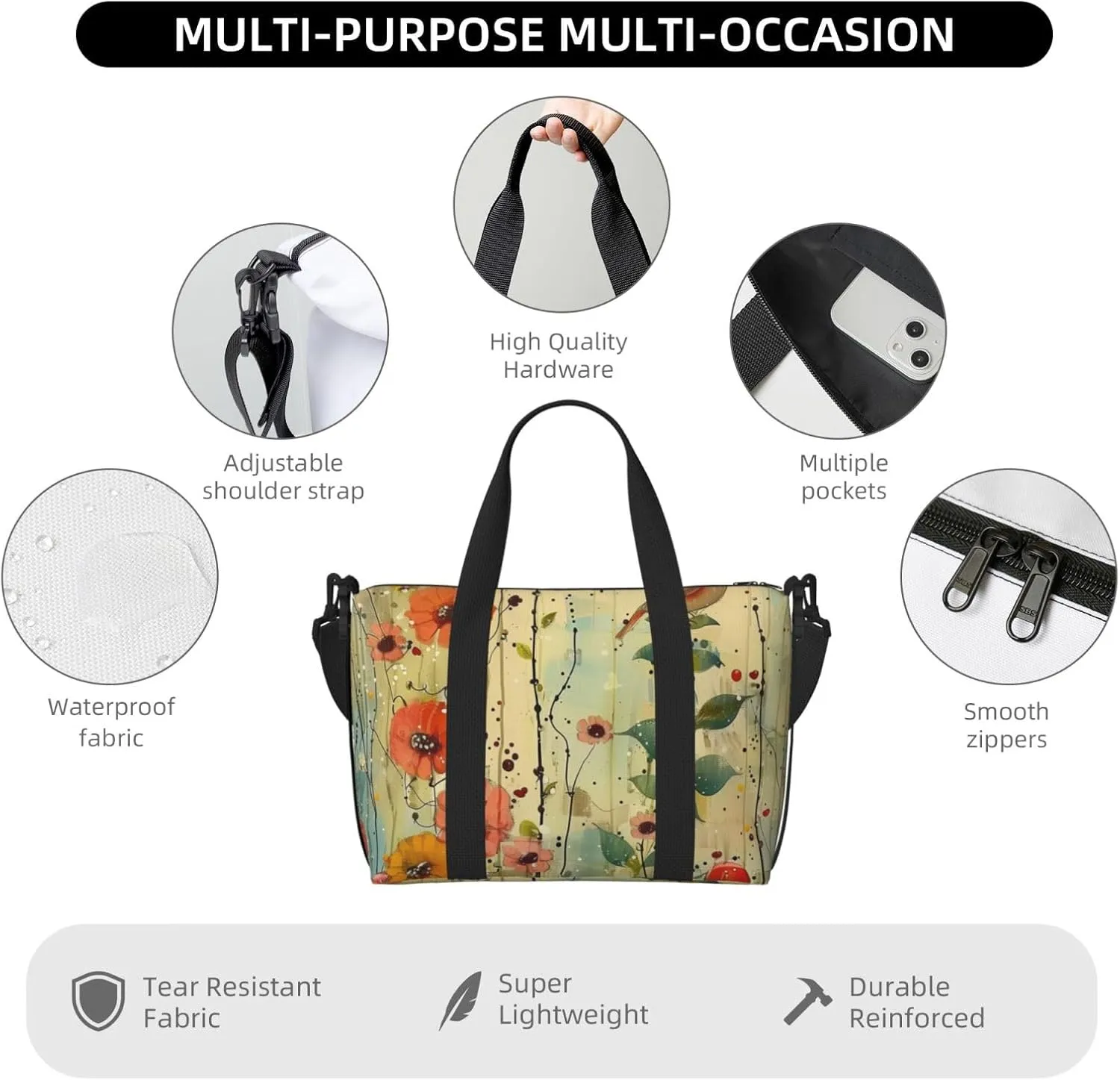 wildflowers print Travel Duffel Bag, Sports Tote Gym Bag, Swim Pool Bag Large Shoulder Tote Bag for Beach Weekender