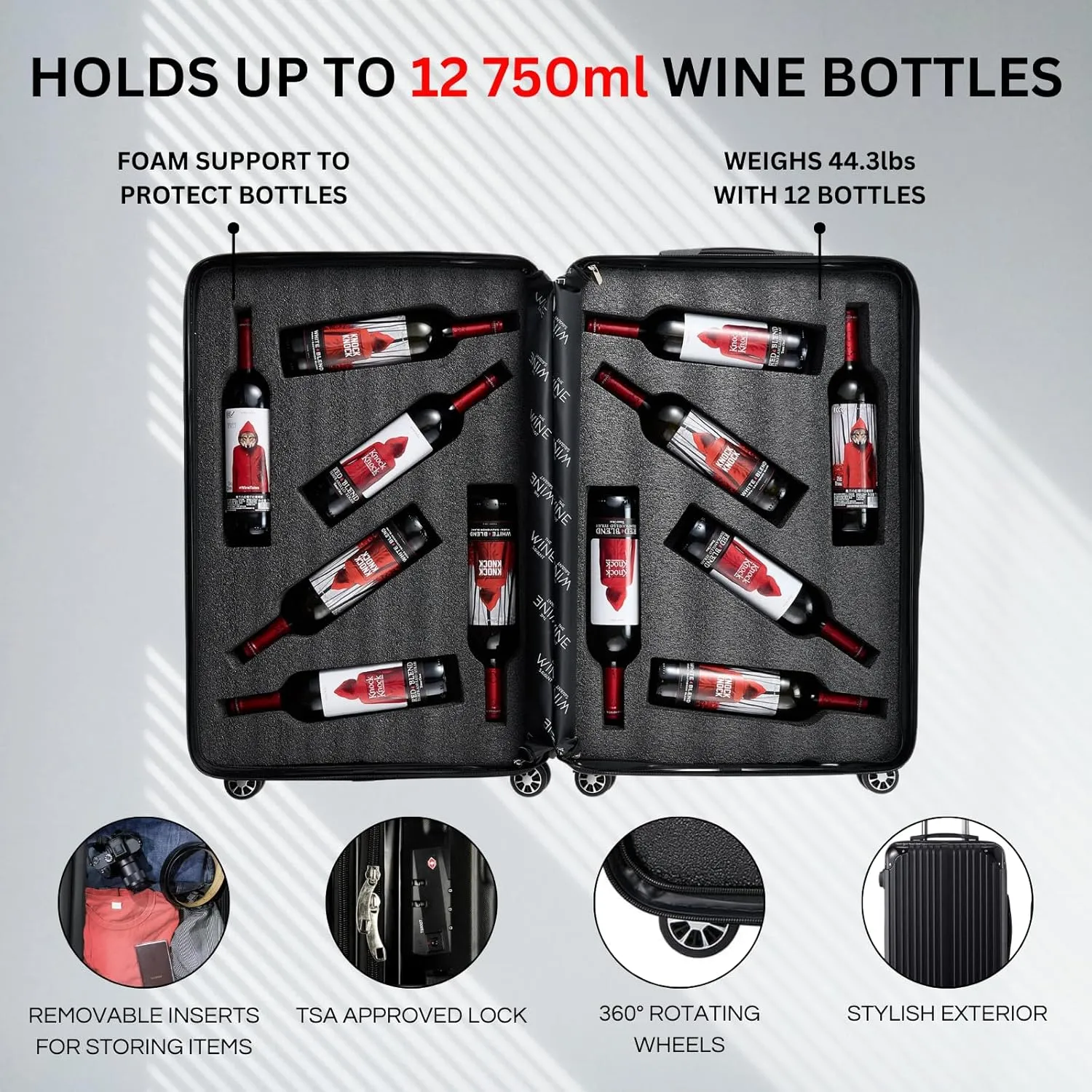 Wine Bottle Suitcase | Holds 12 Standard 750 ML Size Bottles | Universal Airplane Luggage Case, TSA Approved Wheeled Bag For Professionals, Valentines Gift For Wine Lovers & Connoisseurs (29 IN)