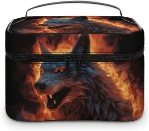 Wolf Surrounded by Fire Travel Makeup Bag Portable Waterproof Cosmetic Bag PU Leather Makeup Brush Holder Toiletry Bag for Women Ladies