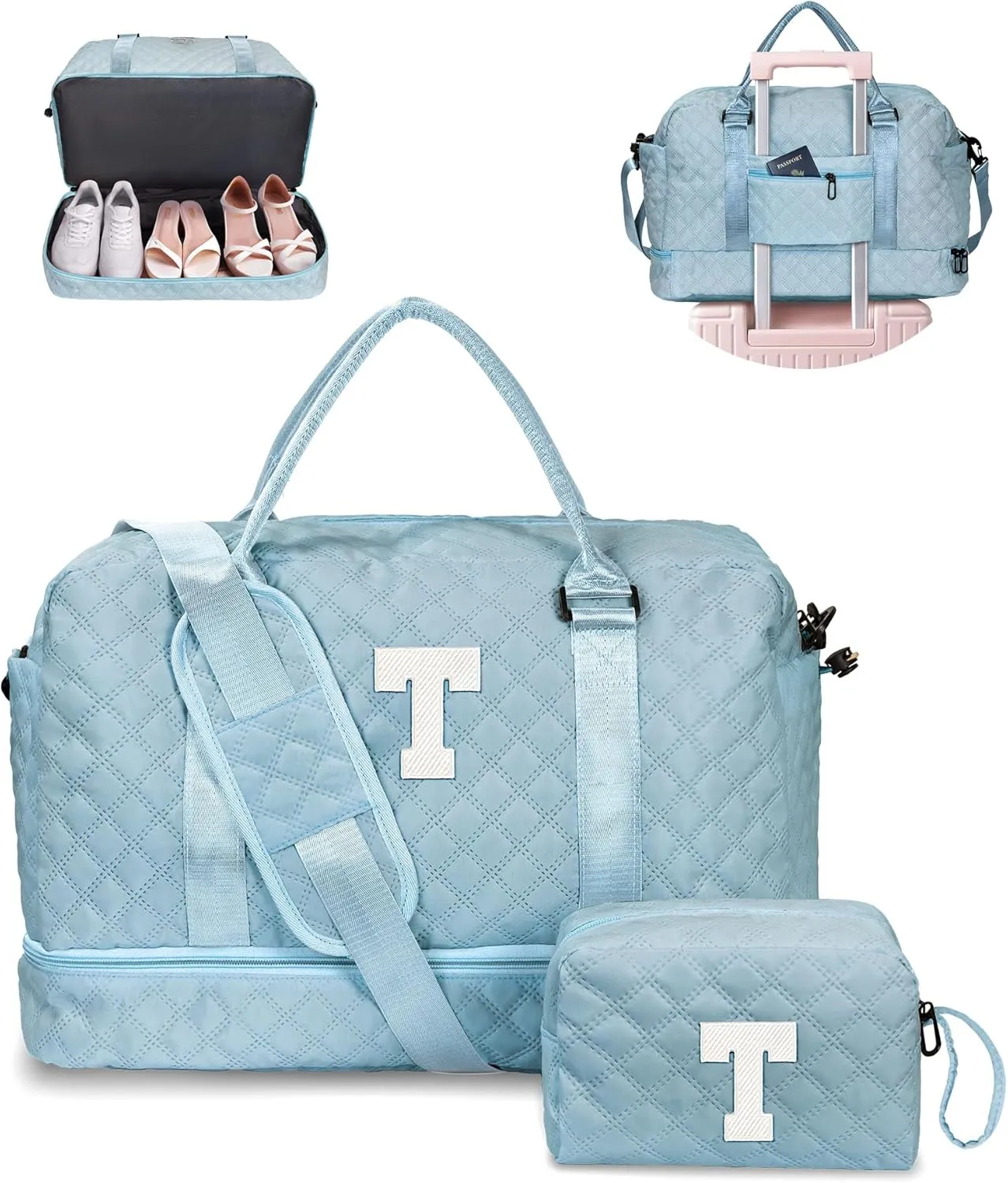 Women Gifts-Duffle Bags with Shoe Compartment, Personalized Weekender Bag, Overnight Bag, Tween Travel Bag with Makeup Bag，Birthday Gift Graduate Gifts for Her (Letter T)