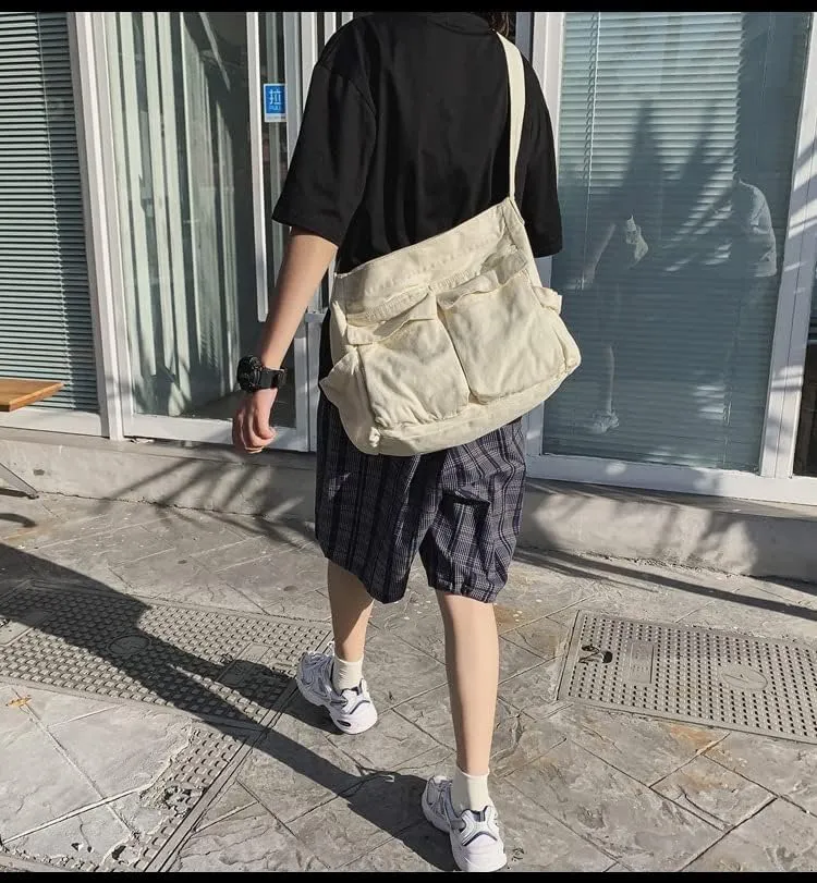 Women Grunge Canvas Shoulder bag Y2K Casual Hobo Messenger Bag Harajuku Vintage Retro Handbag (white)