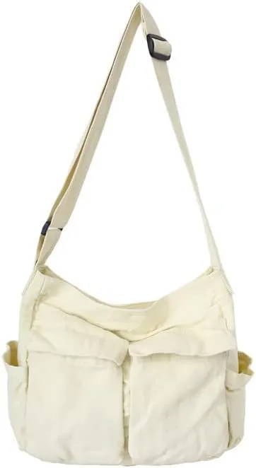 Women Grunge Canvas Shoulder bag Y2K Casual Hobo Messenger Bag Harajuku Vintage Retro Handbag (white)