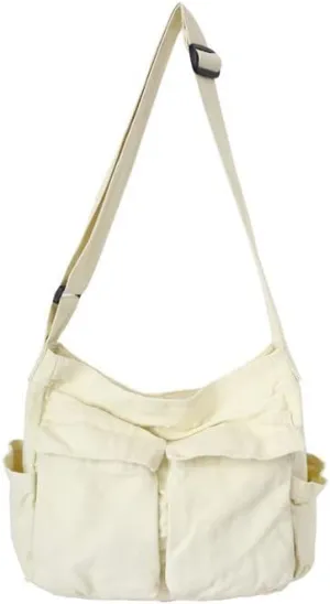 Women Grunge Canvas Shoulder bag Y2K Casual Hobo Messenger Bag Harajuku Vintage Retro Handbag (white)