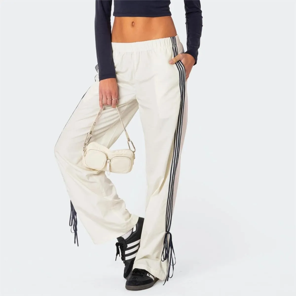 Women 's Parachute Pants Elastic Waist Baggy Wide Leg Track Pants 80s Y2K Side Bow Tie Cargo Pants Jogger Sweatpants