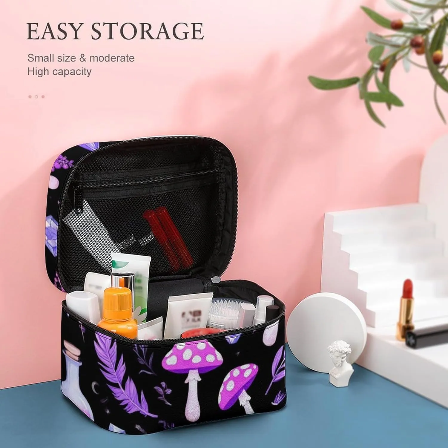 Women's Large Makeup Bag, Portable Cosmetic Brush Bags Gothic Magic Witch Witchy Trippy Purple Mushrooms Makeup Organizer Case Travel Toiletry Accessories