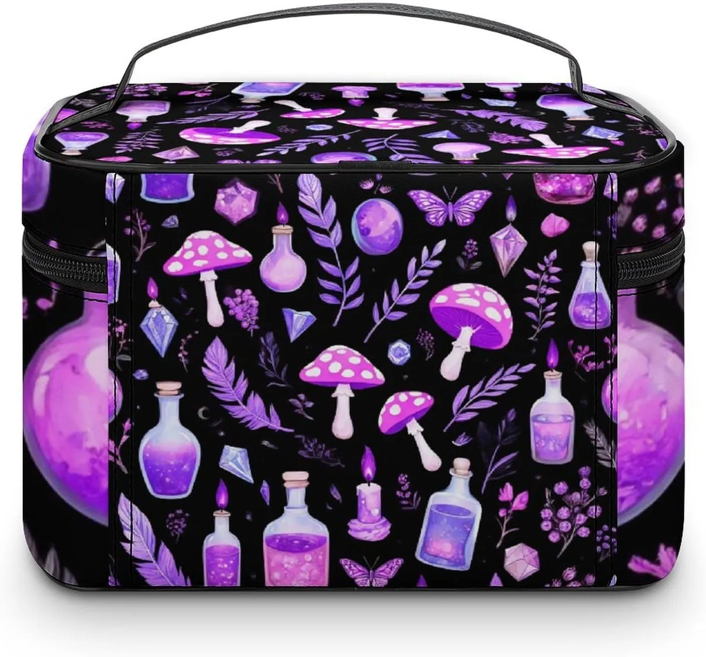 Women's Large Makeup Bag, Portable Cosmetic Brush Bags Gothic Magic Witch Witchy Trippy Purple Mushrooms Makeup Organizer Case Travel Toiletry Accessories