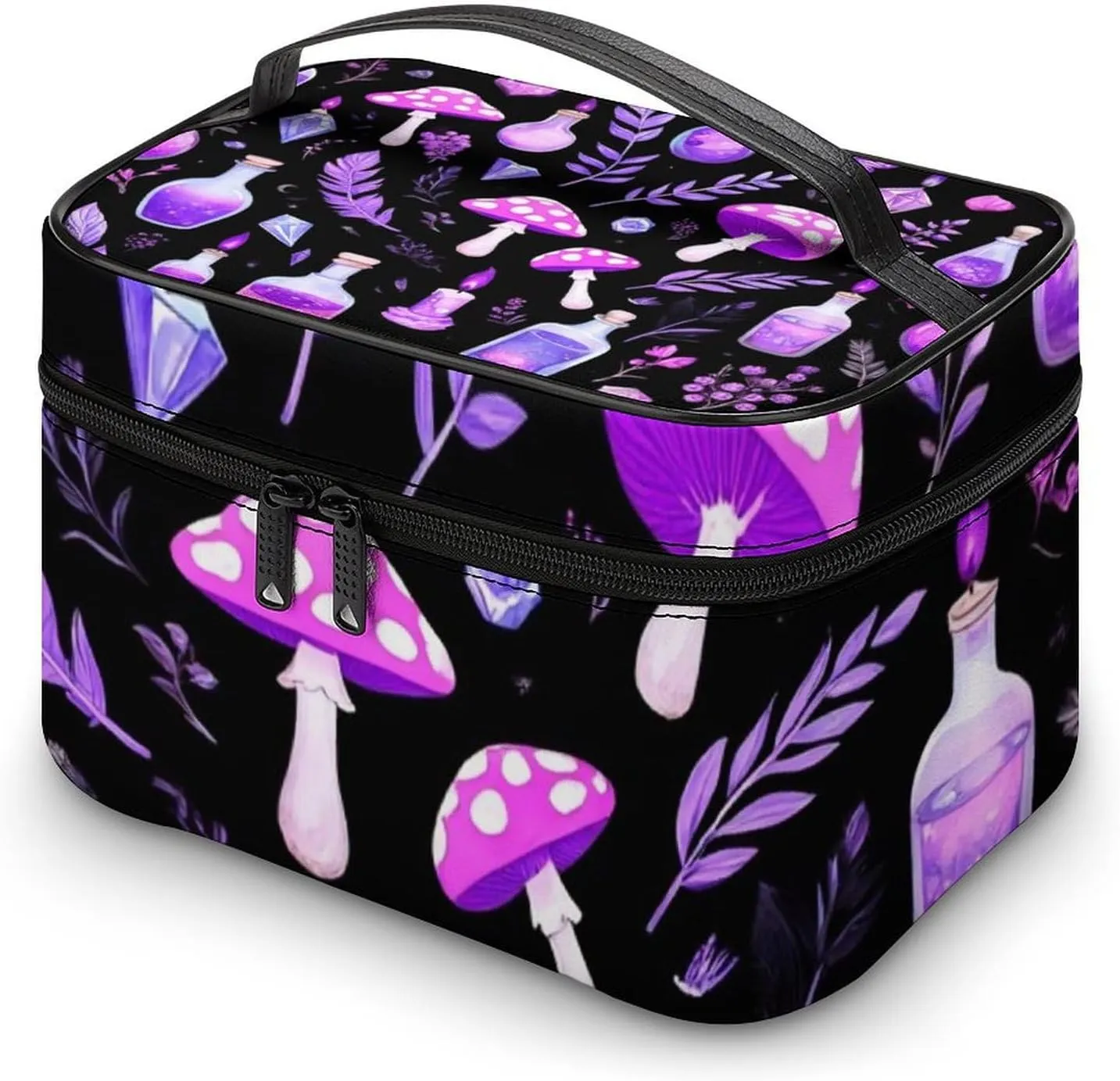 Women's Large Makeup Bag, Portable Cosmetic Brush Bags Gothic Magic Witch Witchy Trippy Purple Mushrooms Makeup Organizer Case Travel Toiletry Accessories