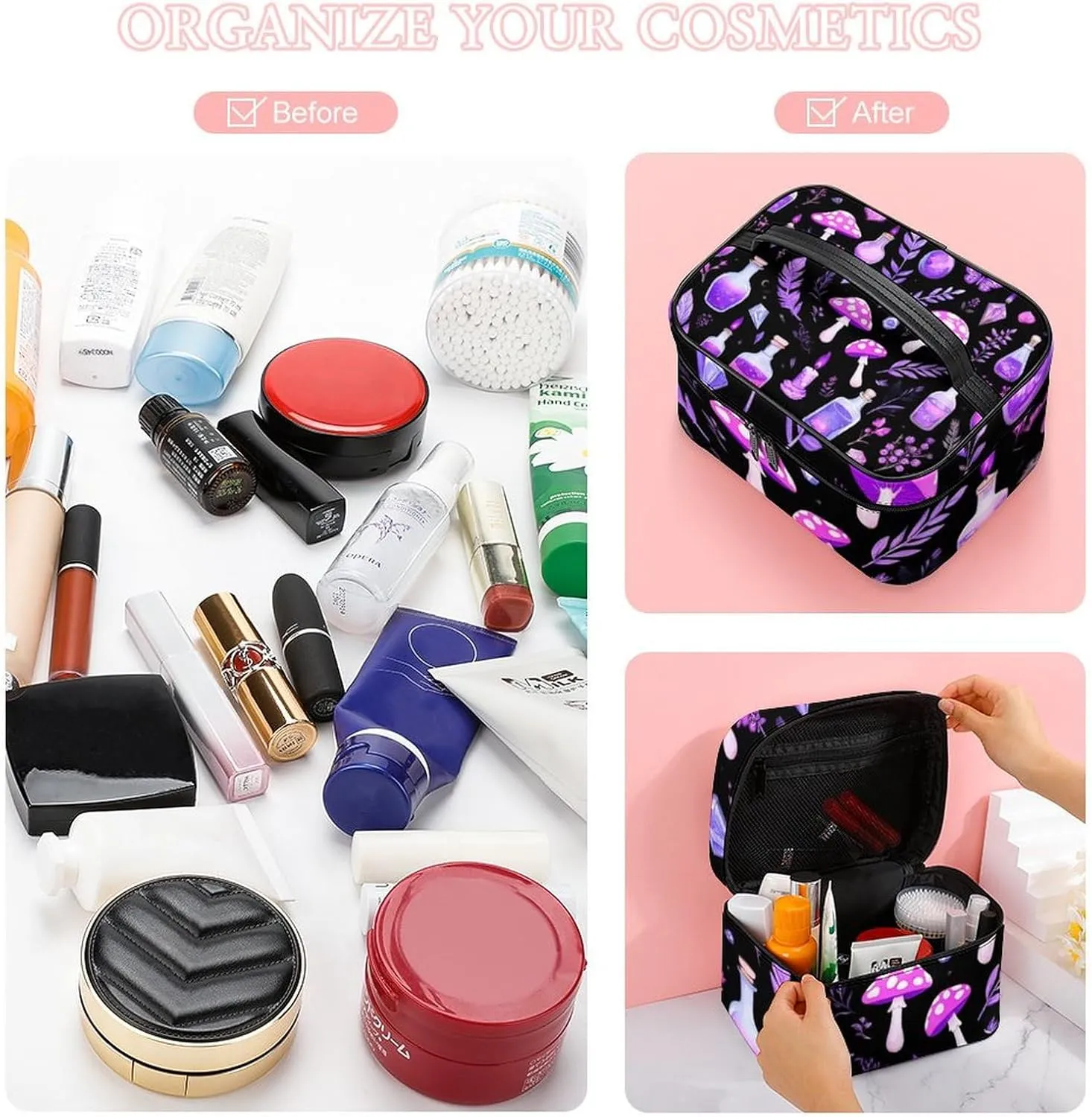 Women's Large Makeup Bag, Portable Cosmetic Brush Bags Gothic Magic Witch Witchy Trippy Purple Mushrooms Makeup Organizer Case Travel Toiletry Accessories