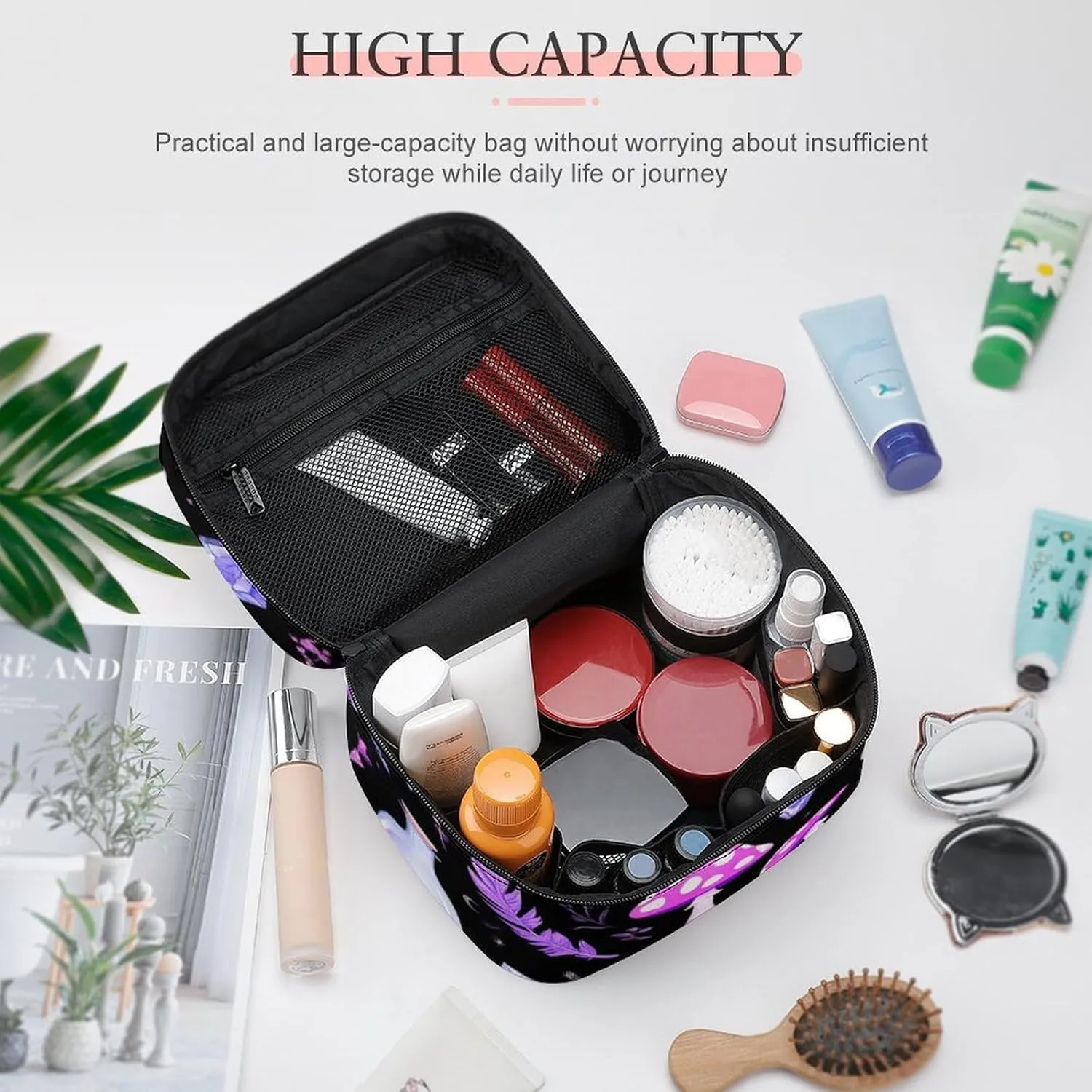 Women's Large Makeup Bag, Portable Cosmetic Brush Bags Gothic Magic Witch Witchy Trippy Purple Mushrooms Makeup Organizer Case Travel Toiletry Accessories