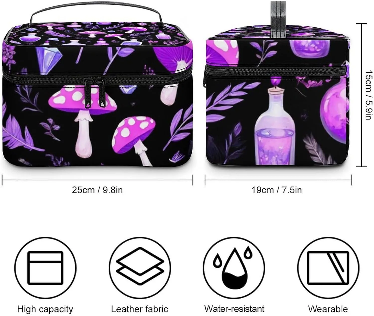 Women's Large Makeup Bag, Portable Cosmetic Brush Bags Gothic Magic Witch Witchy Trippy Purple Mushrooms Makeup Organizer Case Travel Toiletry Accessories